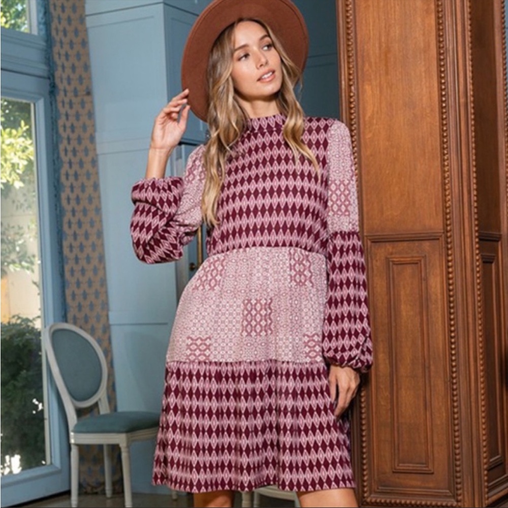 Ces Femme Boho Print Baby Doll Dress with Puff Sleeves (L)